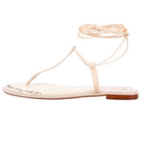 SCHUTZ 314 Straw Embroidered Woven Wrap Gladiator Thong Sandals - Picture 1 of 11